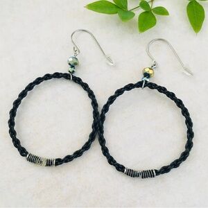 Black Twisted Cord Circular Dangle Earrings Iridescent Accent
